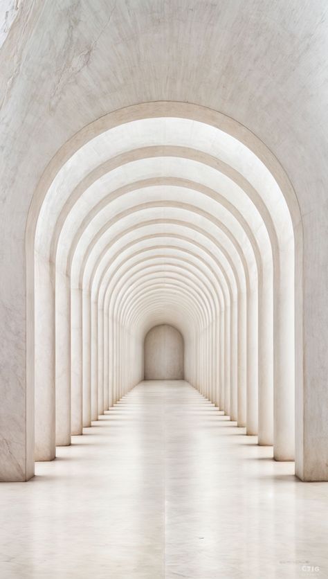 A long, symmetrical corridor with repeating white arched doorways and pillars, leading to a softly lit end